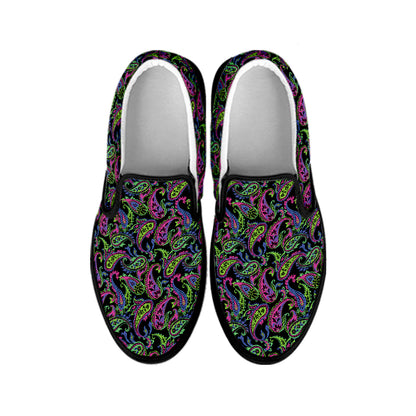 Pink Blue And Green Paisley Print Black Slip On Shoes