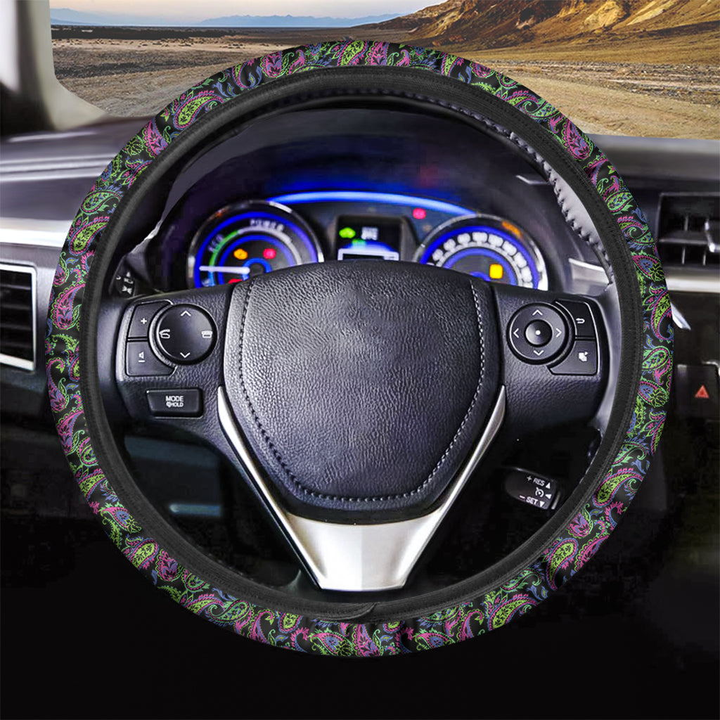 Pink Blue And Green Paisley Print Car Steering Wheel Cover