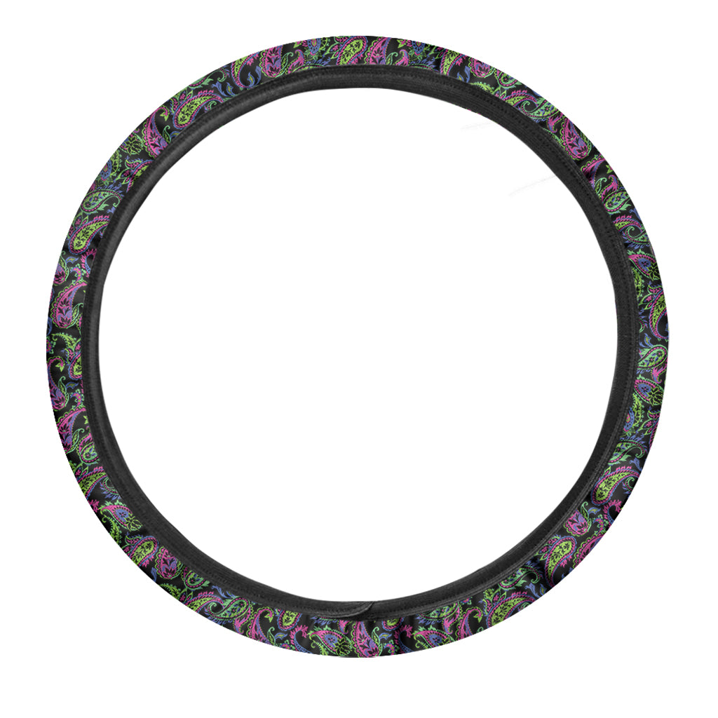 Pink Blue And Green Paisley Print Car Steering Wheel Cover