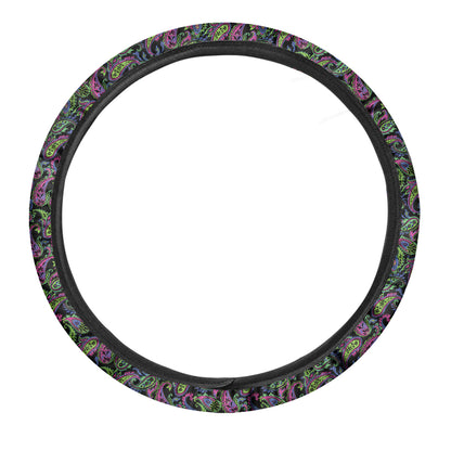 Pink Blue And Green Paisley Print Car Steering Wheel Cover
