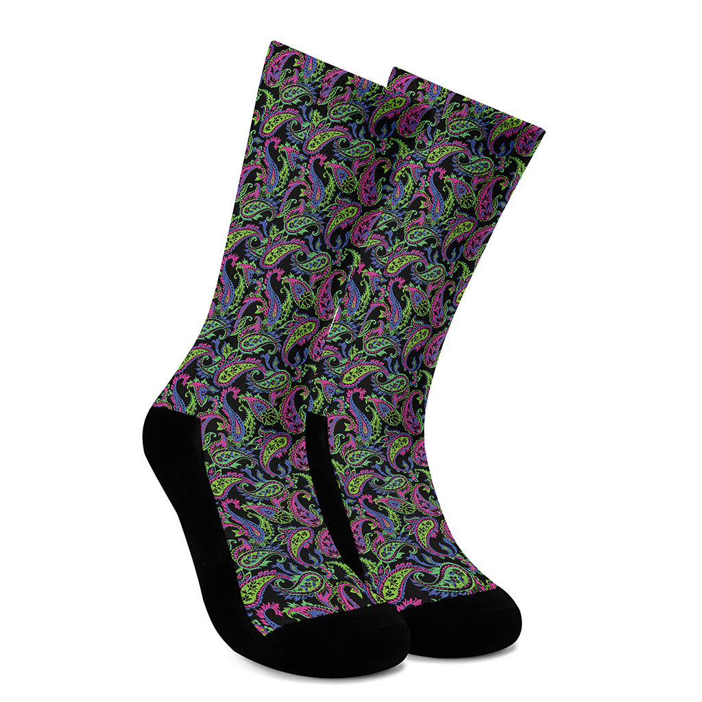 Pink Blue And Green Paisley Print Crew Socks