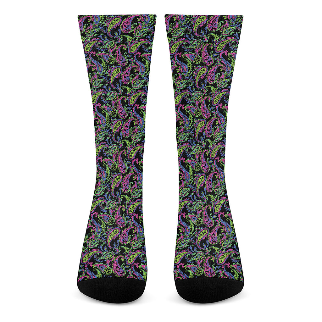 Pink Blue And Green Paisley Print Crew Socks