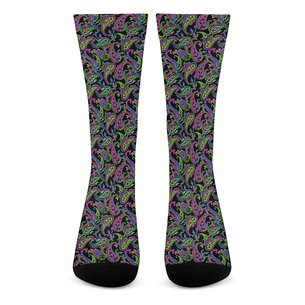 Pink Blue And Green Paisley Print Crew Socks