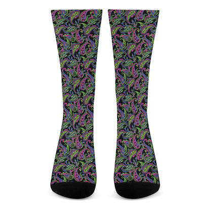Pink Blue And Green Paisley Print Crew Socks