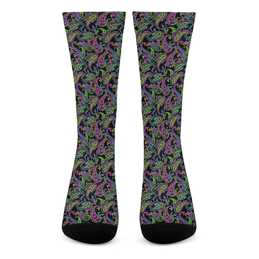 Pink Blue And Green Paisley Print Crew Socks