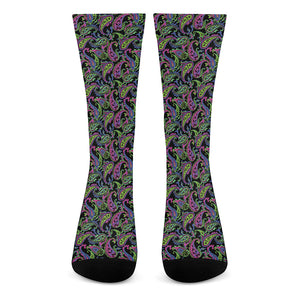 Pink Blue And Green Paisley Print Crew Socks