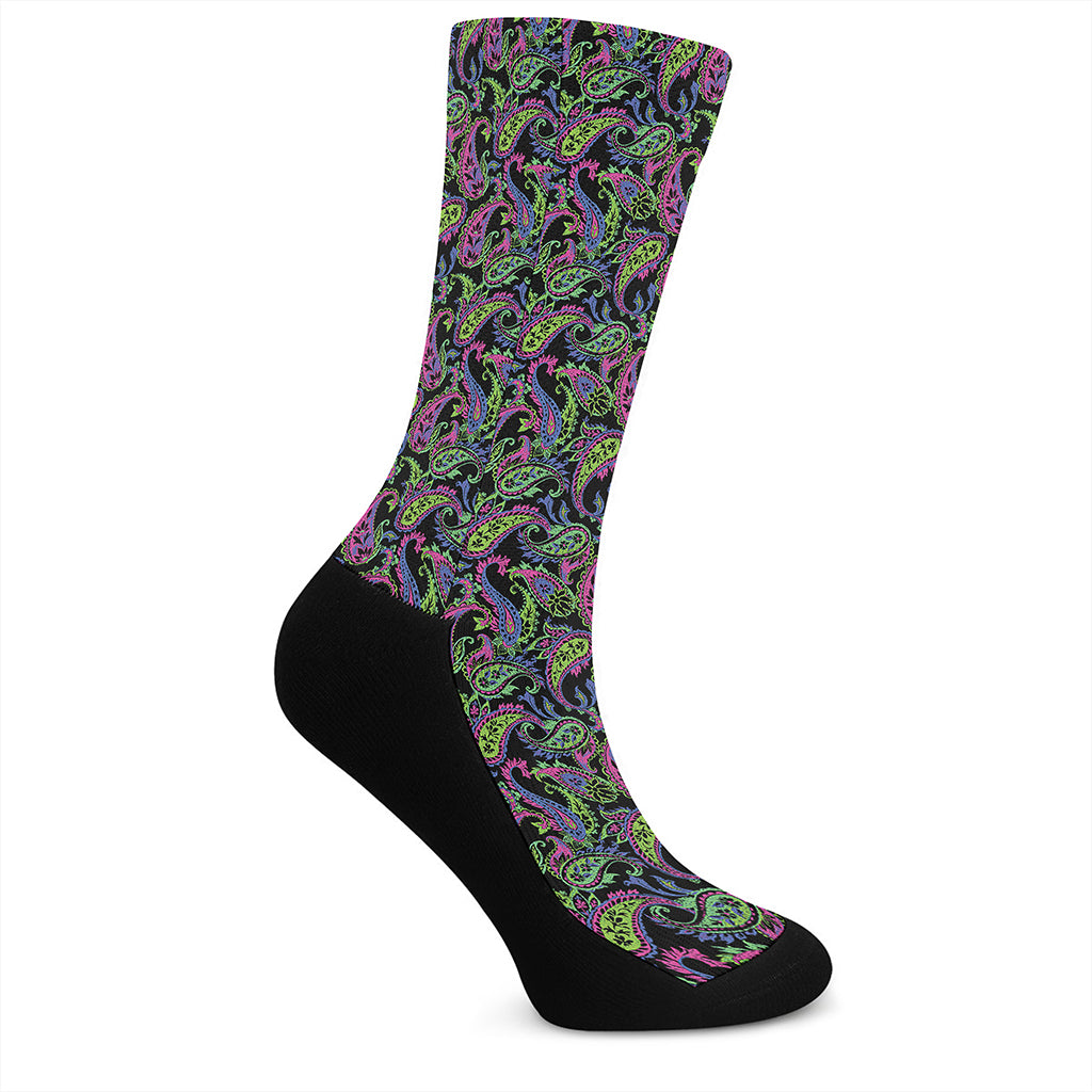 Pink Blue And Green Paisley Print Crew Socks