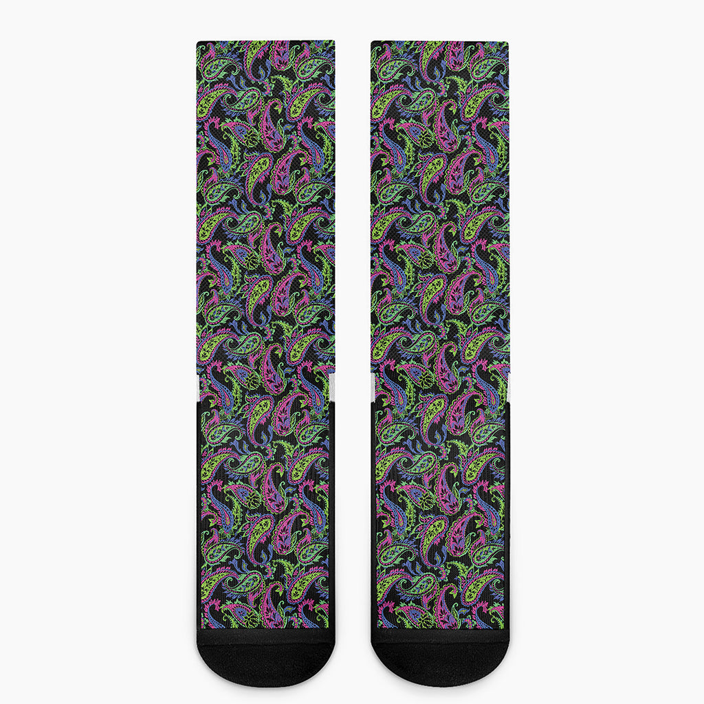 Pink Blue And Green Paisley Print Crew Socks