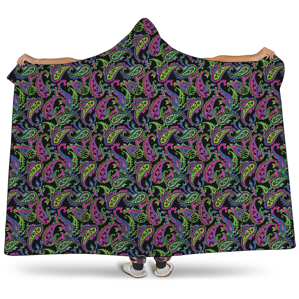 Pink Blue And Green Paisley Print Hooded Blanket