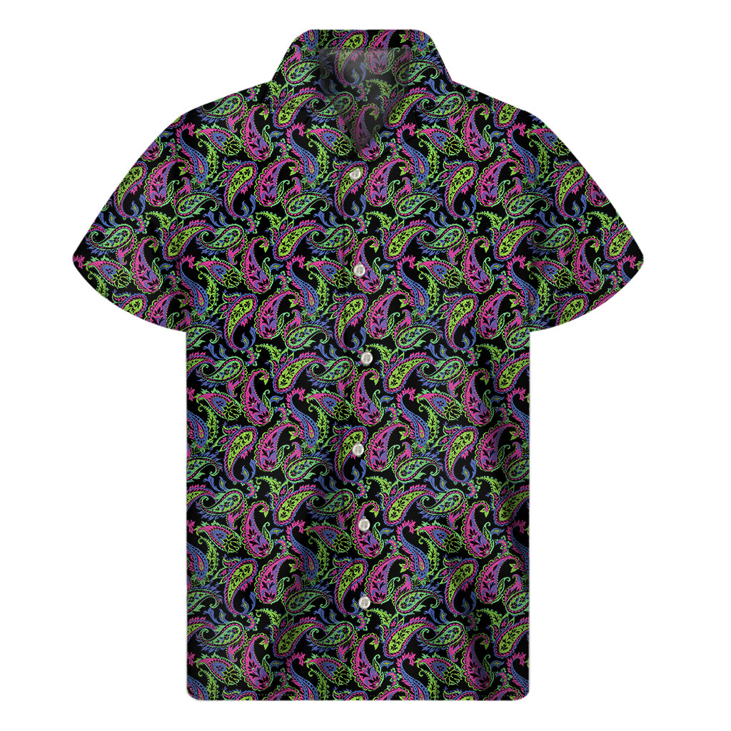 Pink Blue And Green Paisley Print Men's Short Sleeve Shirt