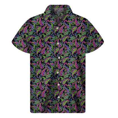 Pink Blue And Green Paisley Print Men's Short Sleeve Shirt