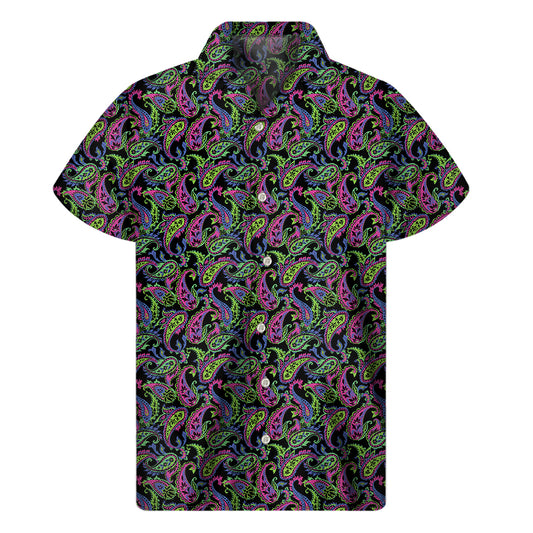 Pink Blue And Green Paisley Print Men's Short Sleeve Shirt