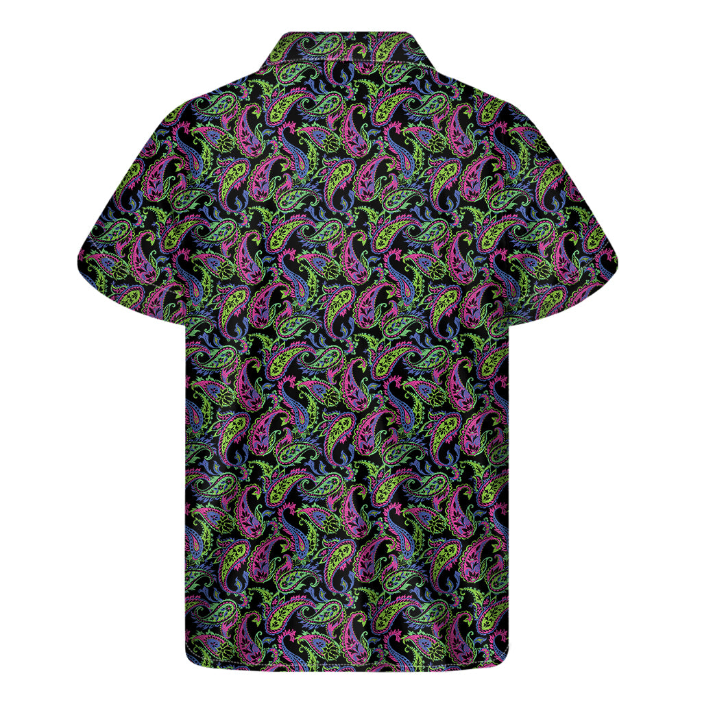 Pink Blue And Green Paisley Print Men's Short Sleeve Shirt