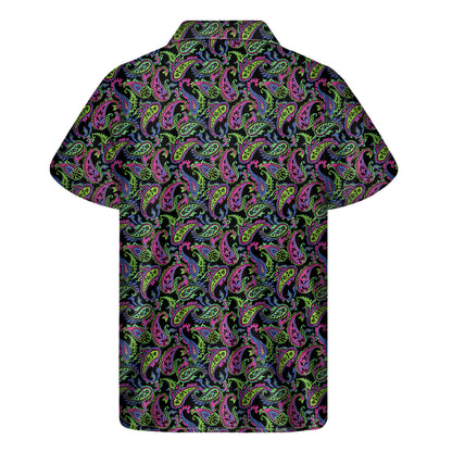 Pink Blue And Green Paisley Print Men's Short Sleeve Shirt