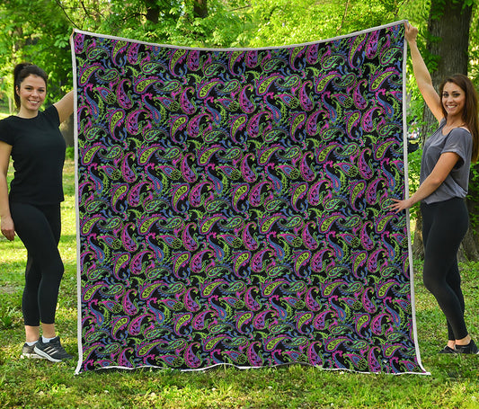 Pink Blue And Green Paisley Print Quilt