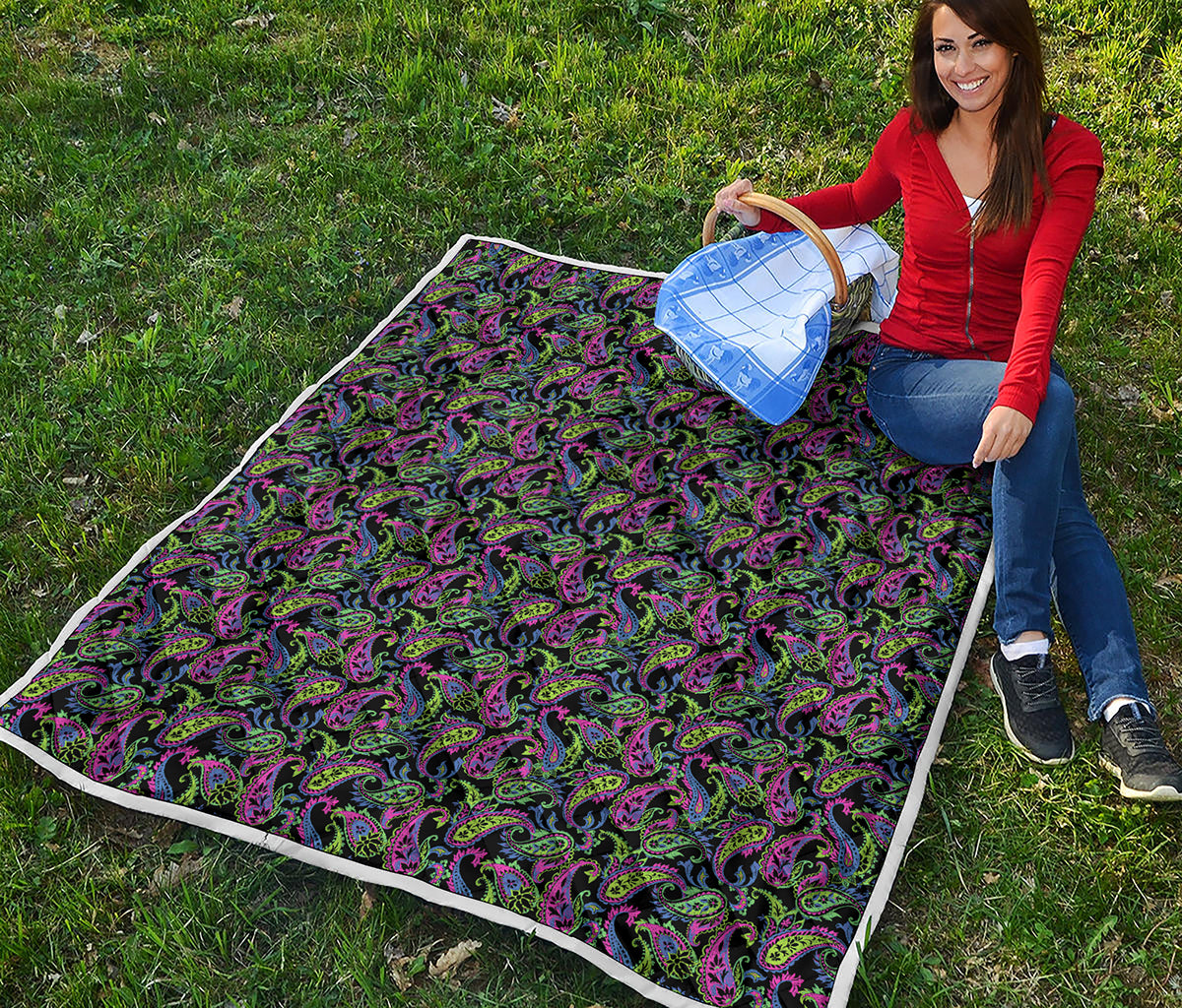 Pink Blue And Green Paisley Print Quilt