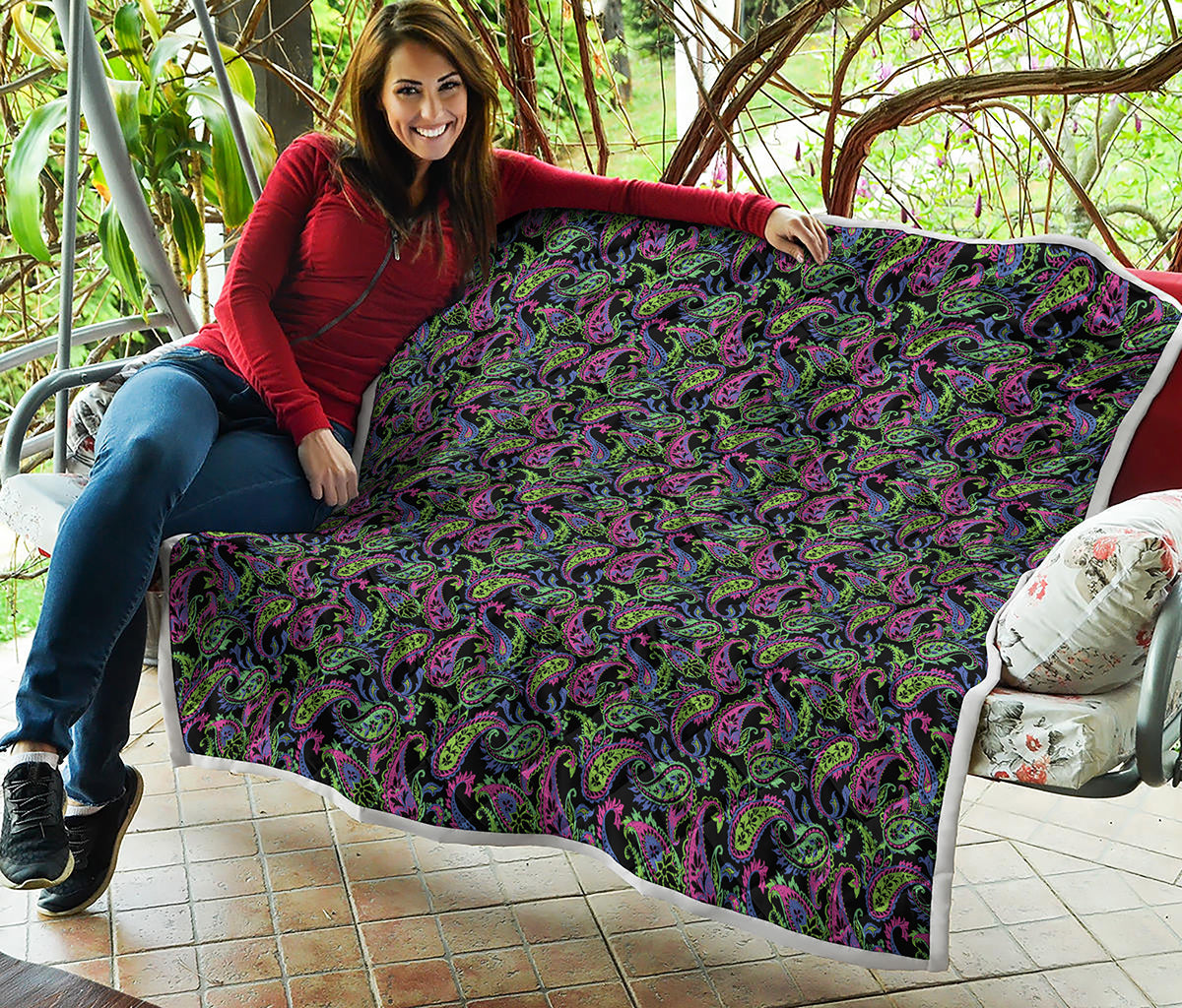 Pink Blue And Green Paisley Print Quilt
