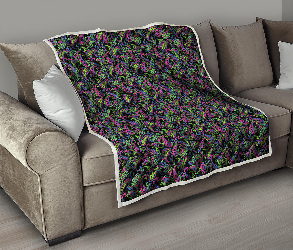 Pink Blue And Green Paisley Print Quilt