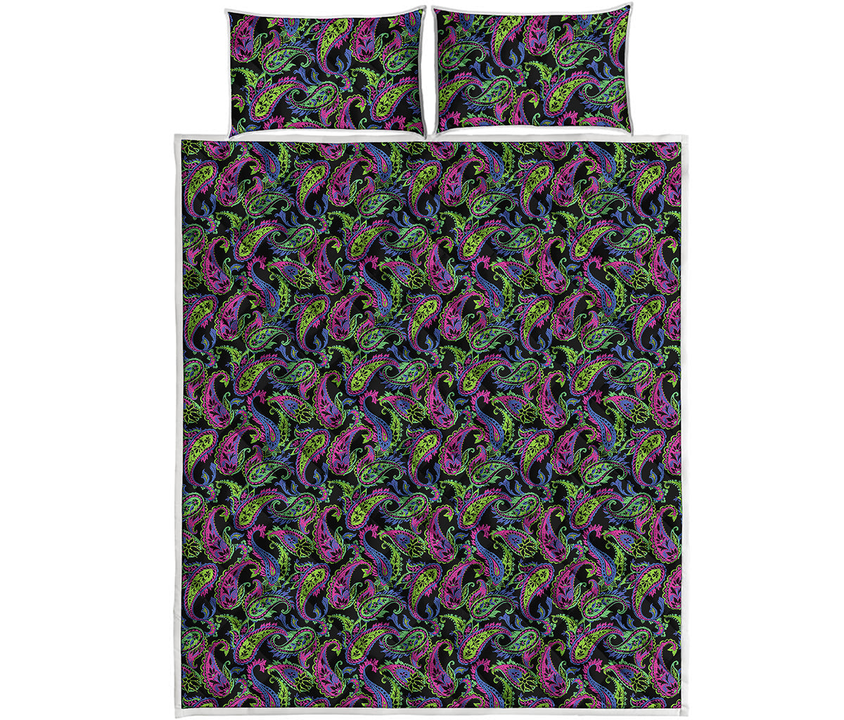 Pink Blue And Green Paisley Print Quilt Bed Set