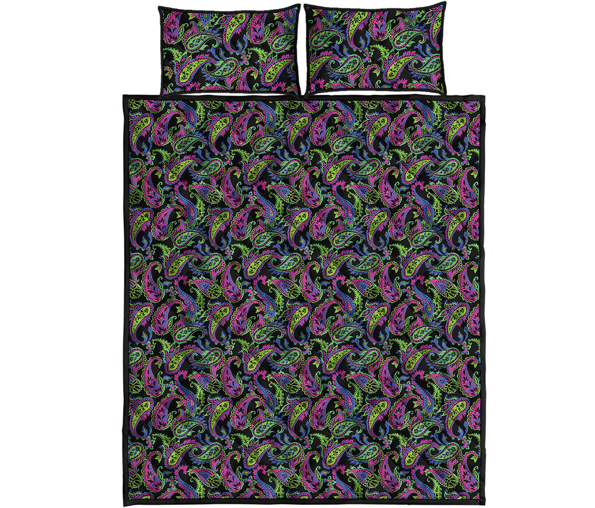 Pink Blue And Green Paisley Print Quilt Bed Set