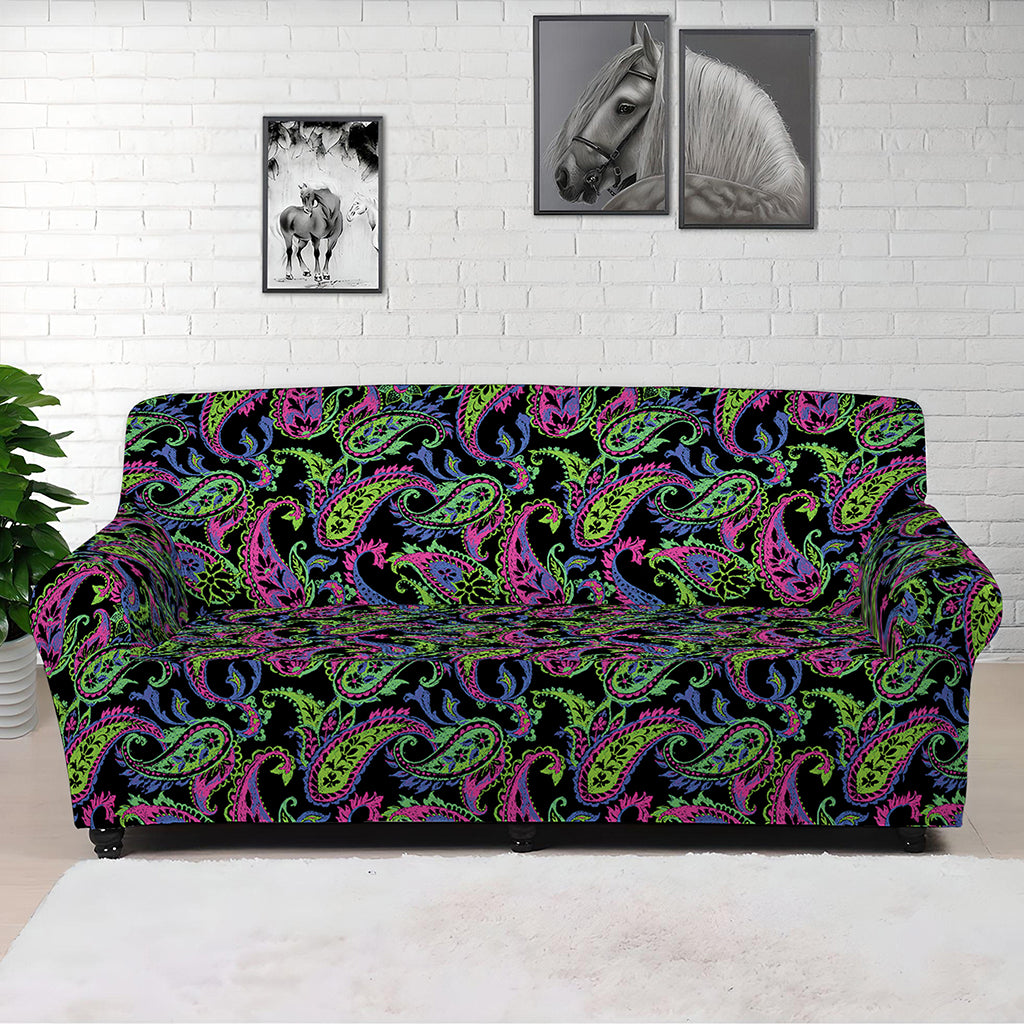 Pink Blue And Green Paisley Print Sofa Cover