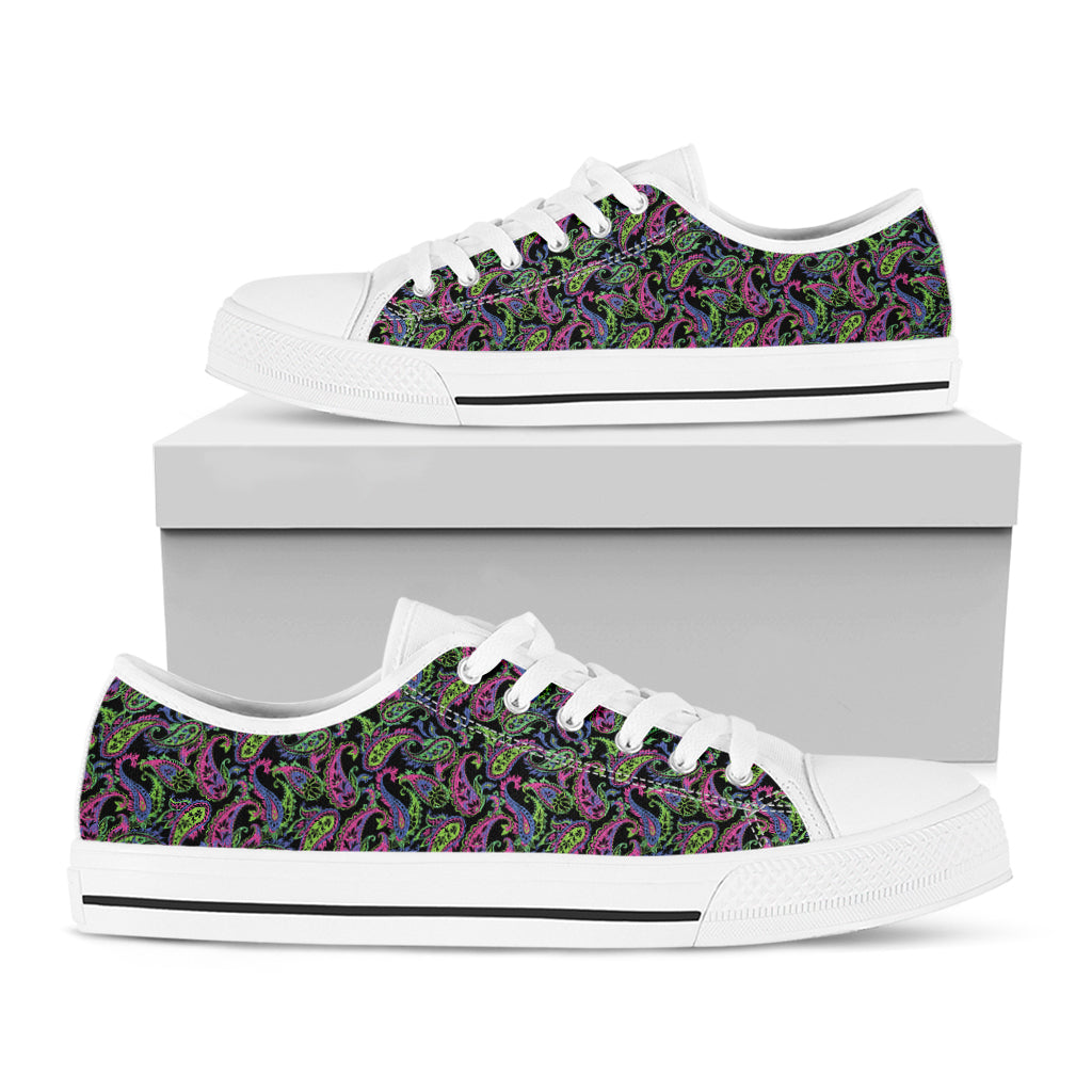 Pink Blue And Green Paisley Print White Low Top Shoes
