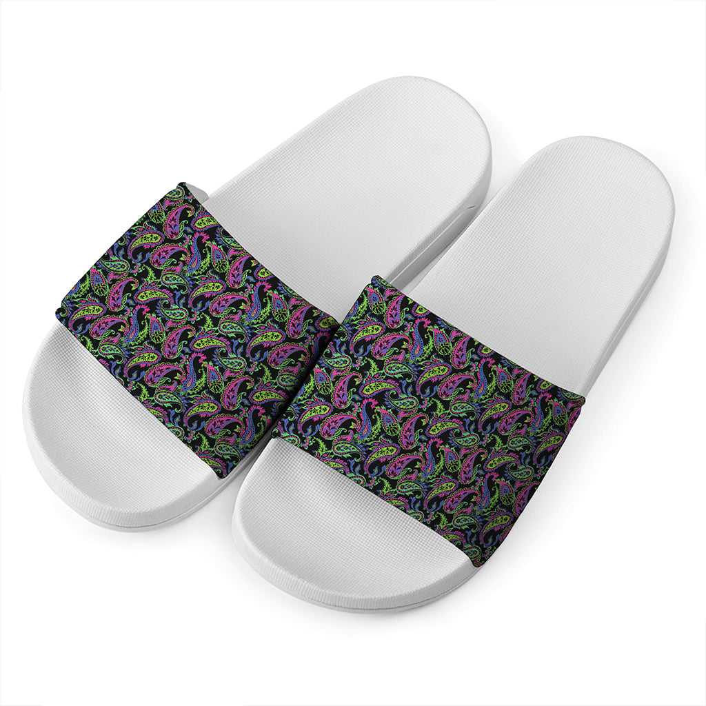 Pink Blue And Green Paisley Print White Slide Sandals