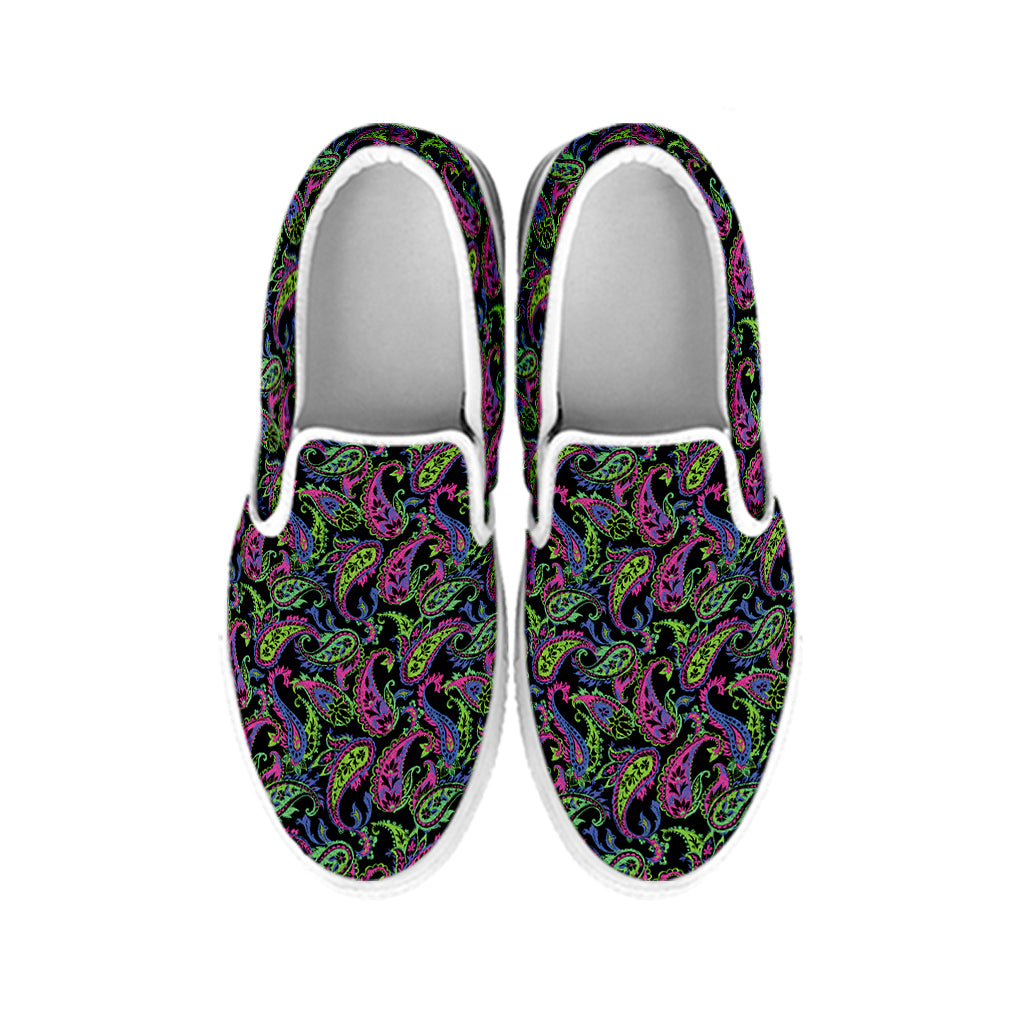 Pink Blue And Green Paisley Print White Slip On Shoes