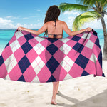 Pink Blue And White Argyle Pattern Print Beach Sarong Wrap