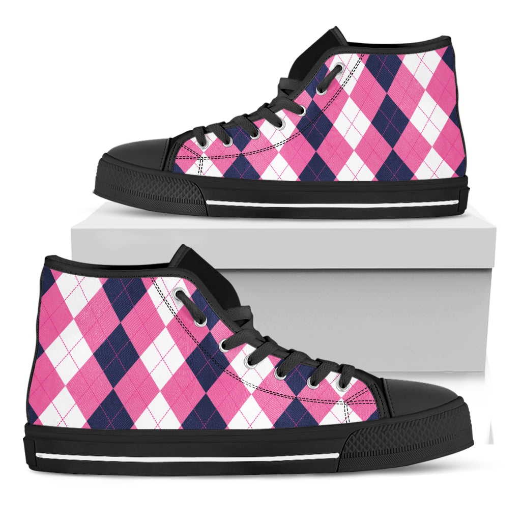 Pink Blue And White Argyle Pattern Print Black High Top Shoes