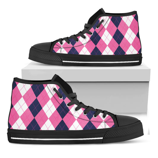 Pink Blue And White Argyle Pattern Print Black High Top Shoes