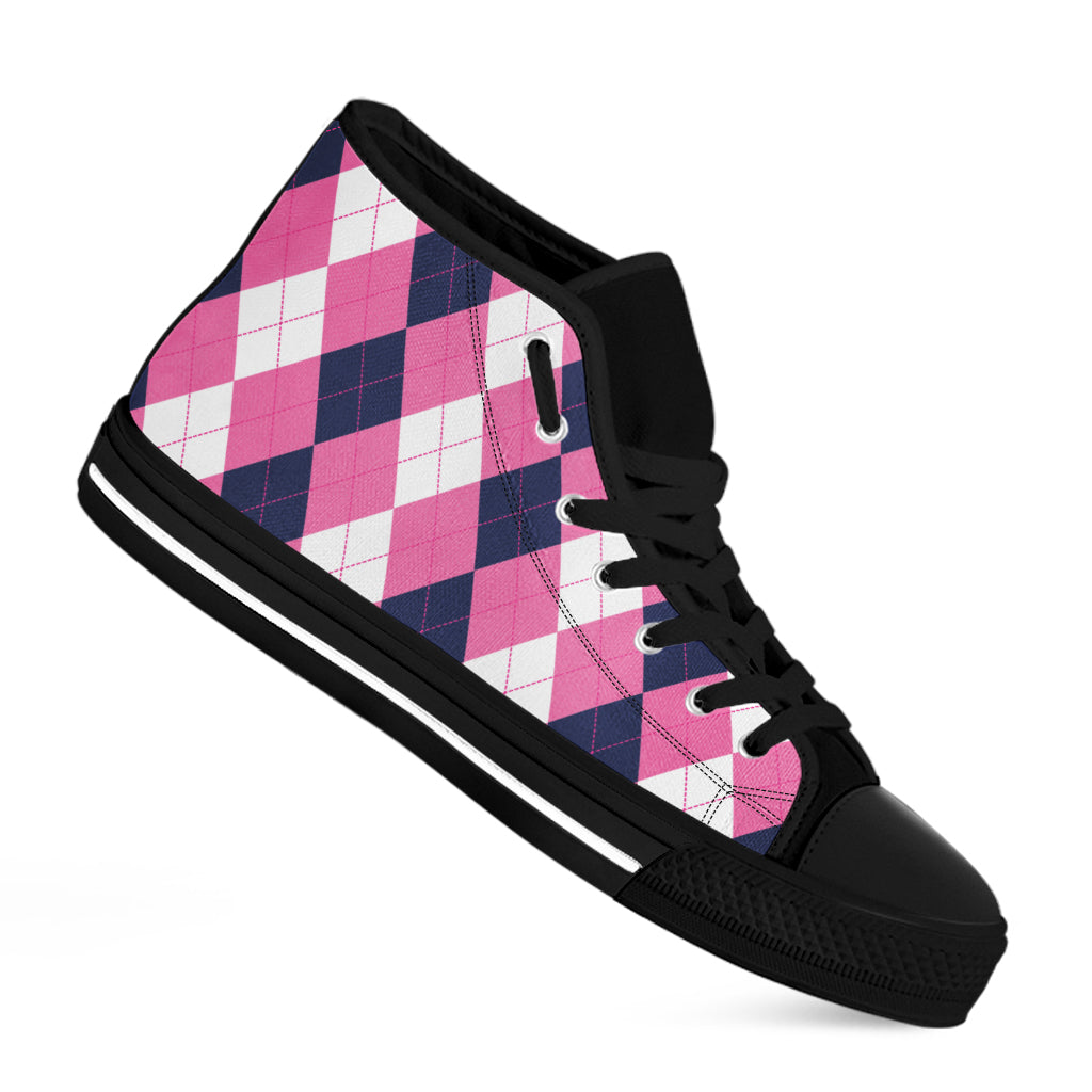 Pink Blue And White Argyle Pattern Print Black High Top Shoes