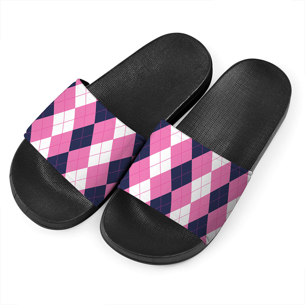 Pink Blue And White Argyle Pattern Print Black Slide Sandals