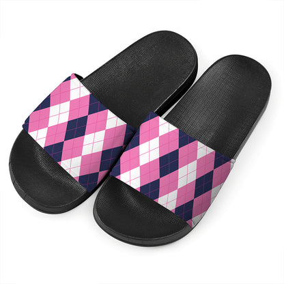Pink Blue And White Argyle Pattern Print Black Slide Sandals