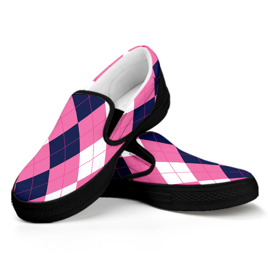 Pink Blue And White Argyle Pattern Print Black Slip On Shoes