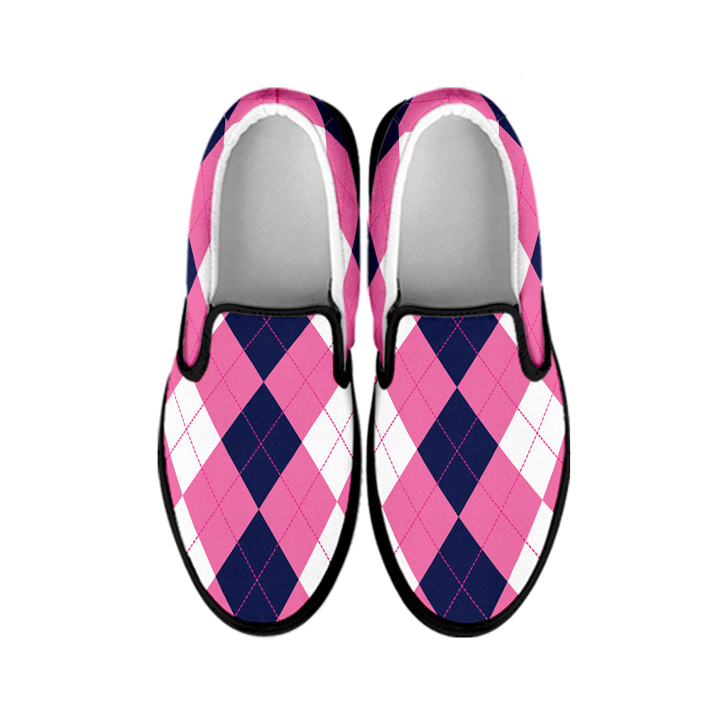 Pink Blue And White Argyle Pattern Print Black Slip On Shoes