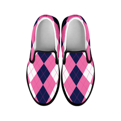 Pink Blue And White Argyle Pattern Print Black Slip On Shoes