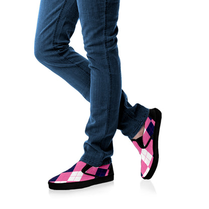 Pink Blue And White Argyle Pattern Print Black Slip On Shoes