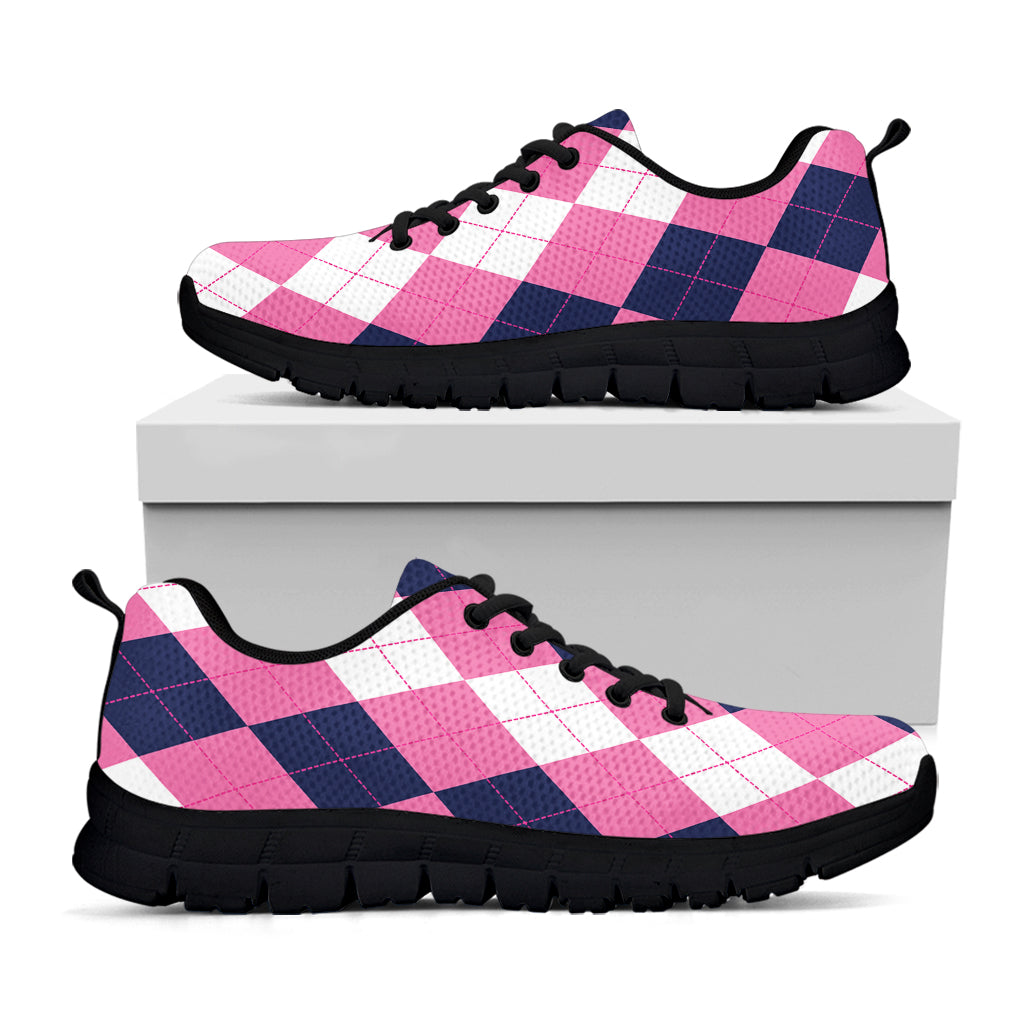 Pink Blue And White Argyle Pattern Print Black Sneakers