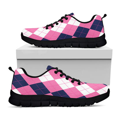 Pink Blue And White Argyle Pattern Print Black Sneakers