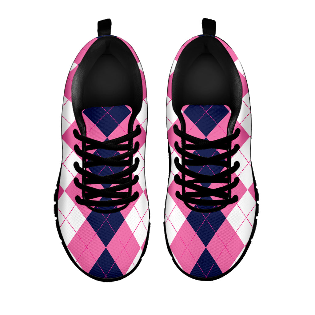 Pink Blue And White Argyle Pattern Print Black Sneakers