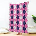 Pink Blue And White Argyle Pattern Print Blanket