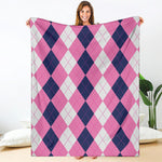 Pink Blue And White Argyle Pattern Print Blanket