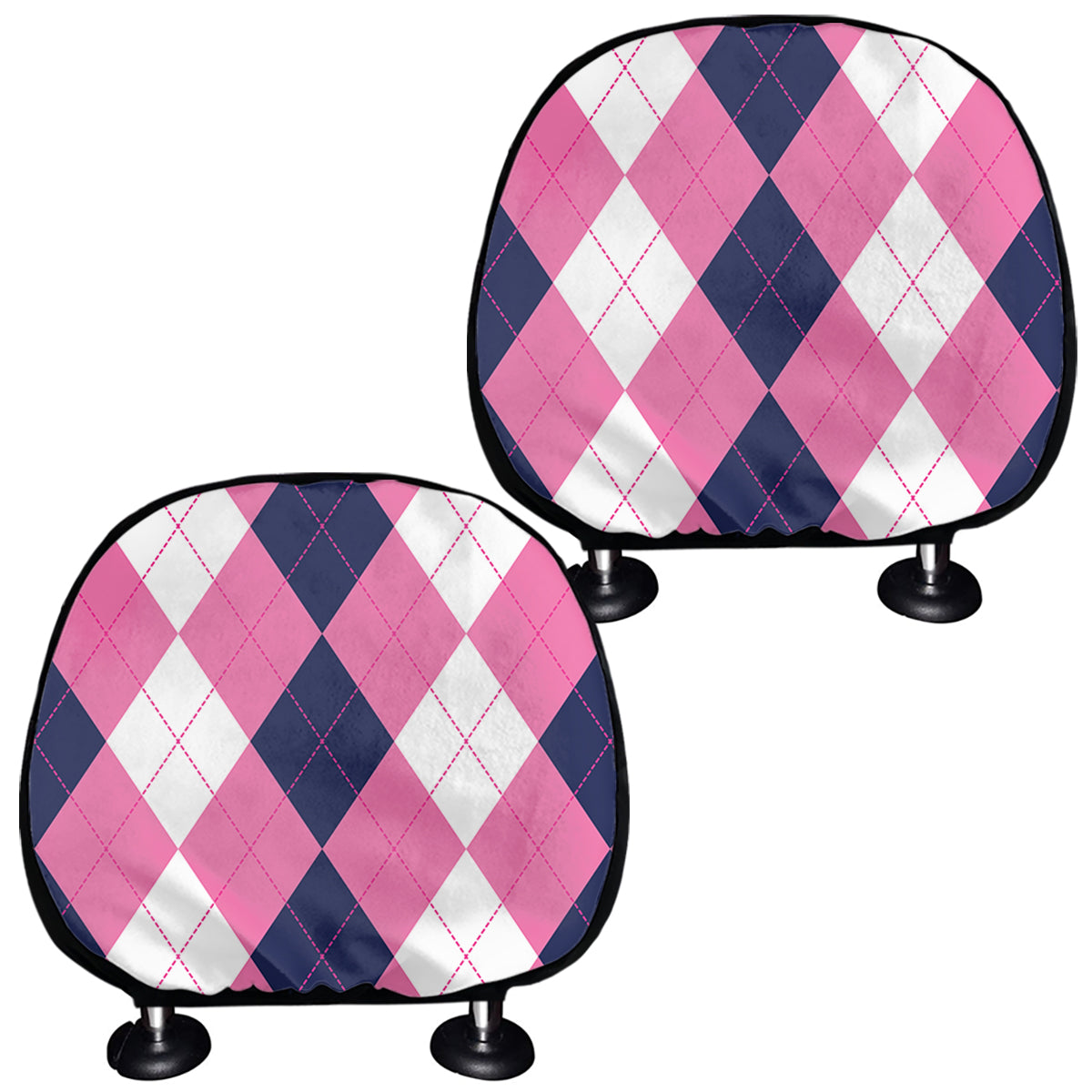 Pink Blue And White Argyle Pattern Print Car Headrest Covers
