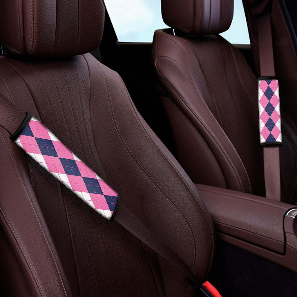Pink Blue And White Argyle Pattern Print Car Seat Belt Covers