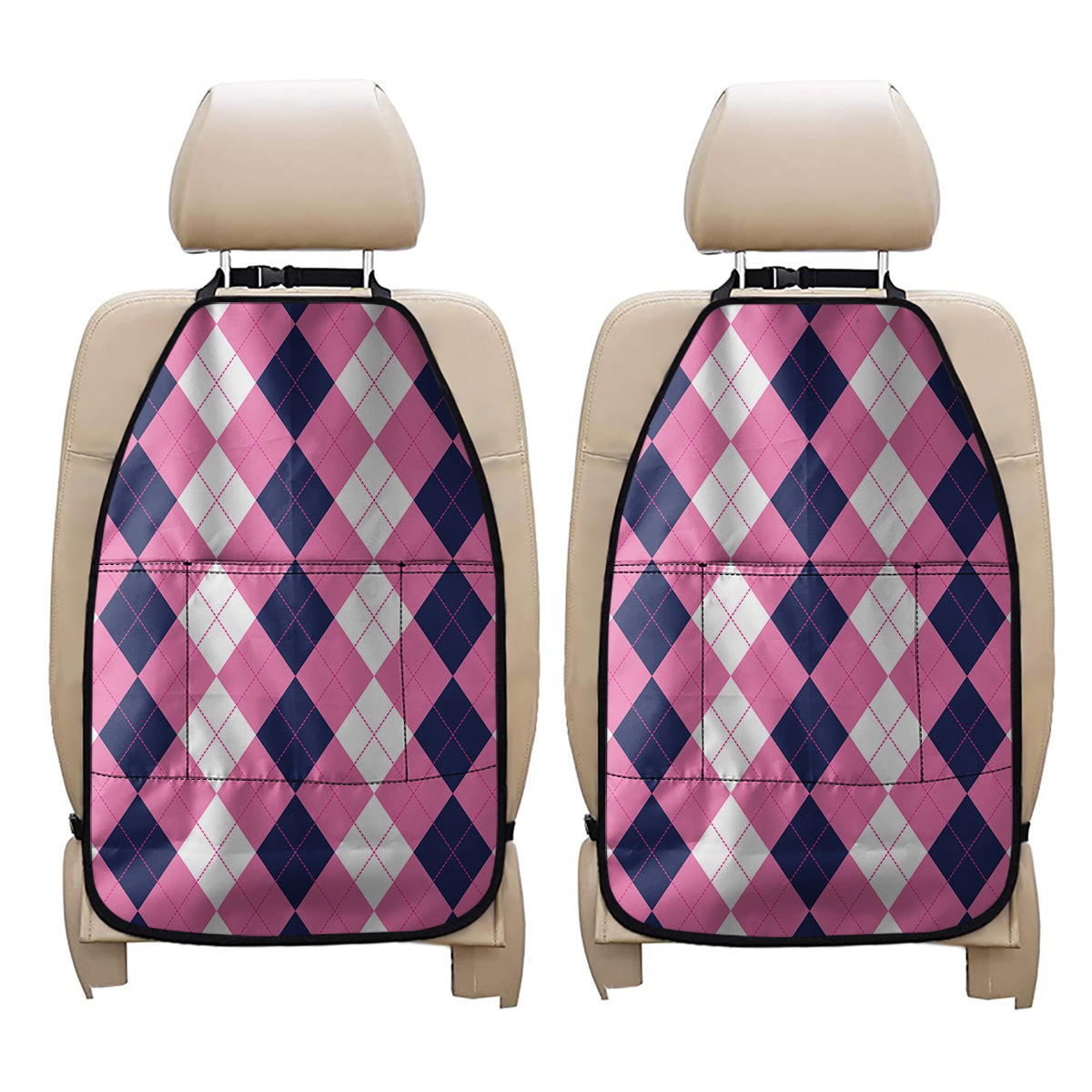 Pink Blue And White Argyle Pattern Print Car Seat Organizers