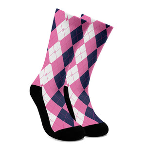 Pink Blue And White Argyle Pattern Print Crew Socks