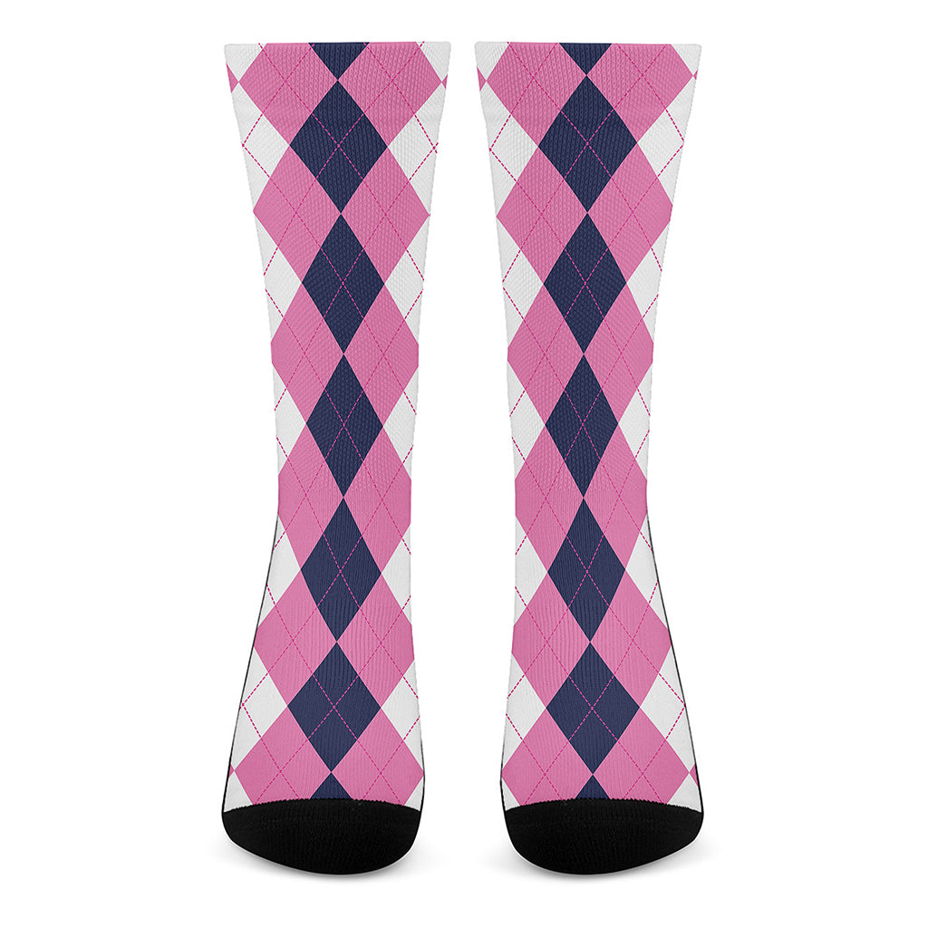 Pink Blue And White Argyle Pattern Print Crew Socks