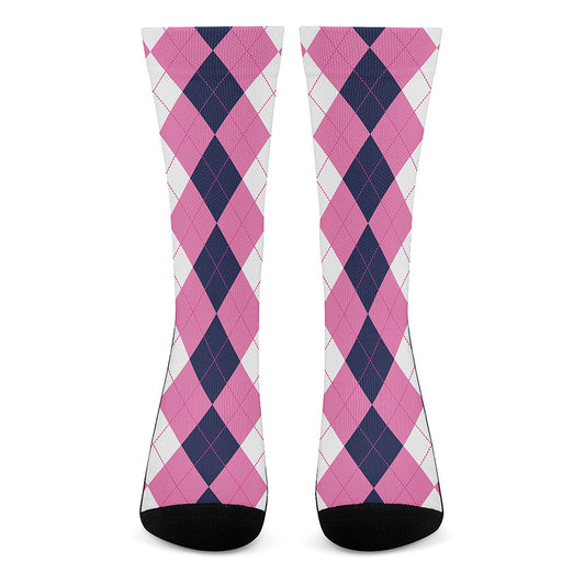 Pink Blue And White Argyle Pattern Print Crew Socks