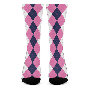 Pink Blue And White Argyle Pattern Print Crew Socks